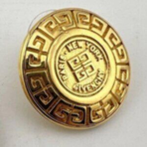 GIVENCHY New York Paris Gold Tone Medallion Greek Key Logo Post Earrings Vintage